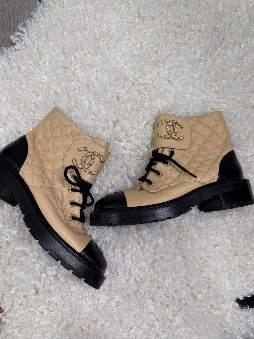 CHANEL Beige and Black Quilted Lace-Up Combat Boots - Picture 3 of 4
